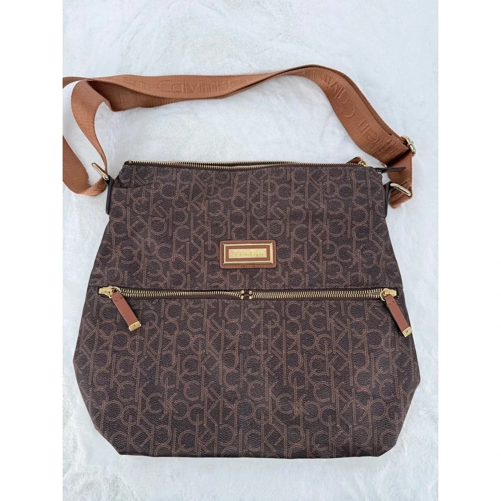 Calvin Klein Crossbody Bag Womens Large Brown Monogram Logo Nylon Bag